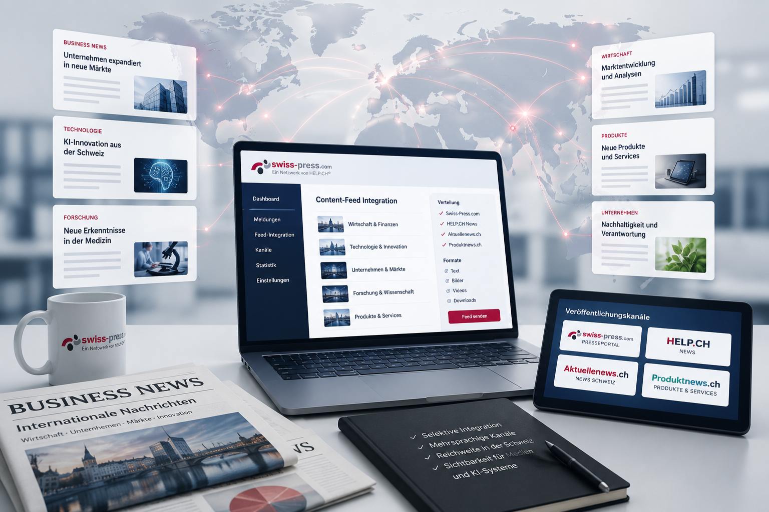 Internationale News-Publikation und Content-Feed-Integration über Swiss-Press.com